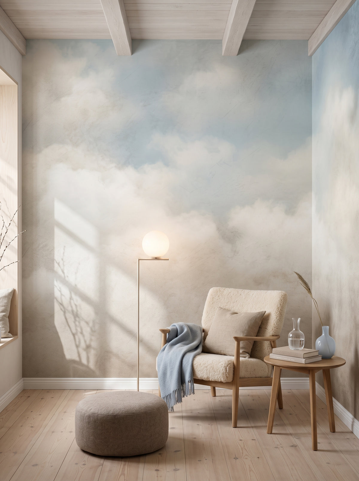 Fotomural artístico «SKY WHISPERS» en un interior: rincón de lectura en una villa escandinava.