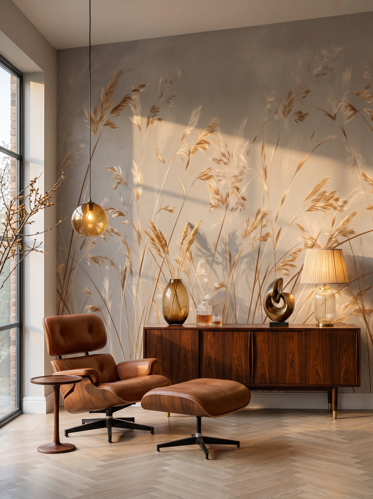 Fototapeta artystyczna o nazwie BRUSHED GOLD w aranżacji wnętrza: salon kolekcjonera w stylu mid-century modern.