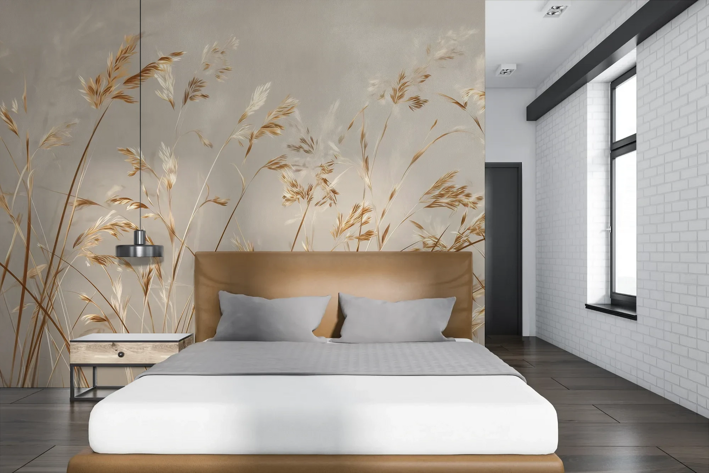 Wzór fototapety BRUSHED GOLD - tapeta z delikatnie falującymi źdźbłami traw pokazanej w aranżacji sypialni.