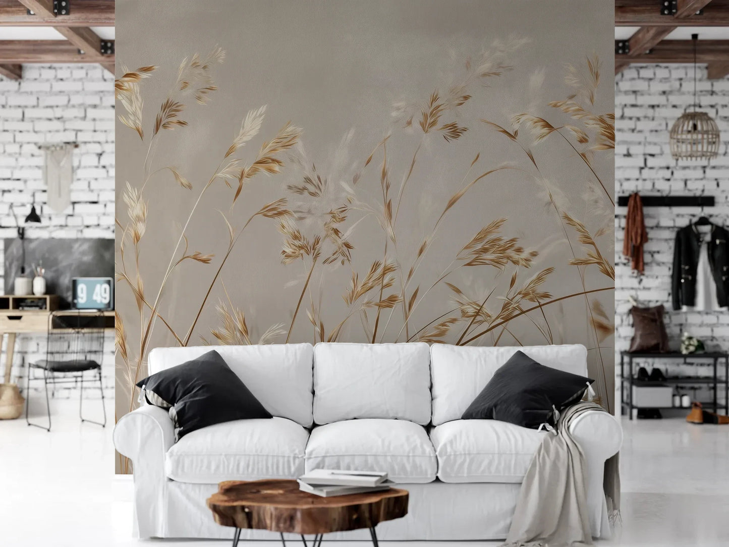 Wzór fototapety BRUSHED GOLD - tapeta z delikatnie falującymi źdźbłami traw pokazanej w aranżacji salonu.