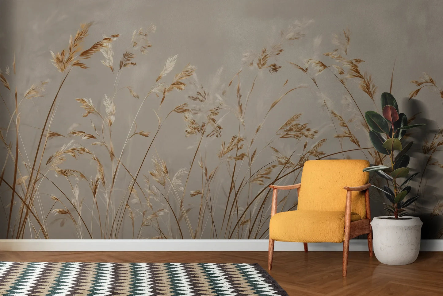 Wzór fototapety BRUSHED GOLD - tapeta z delikatnie falującymi źdźbłami traw pokazanej w aranżacji salonu.