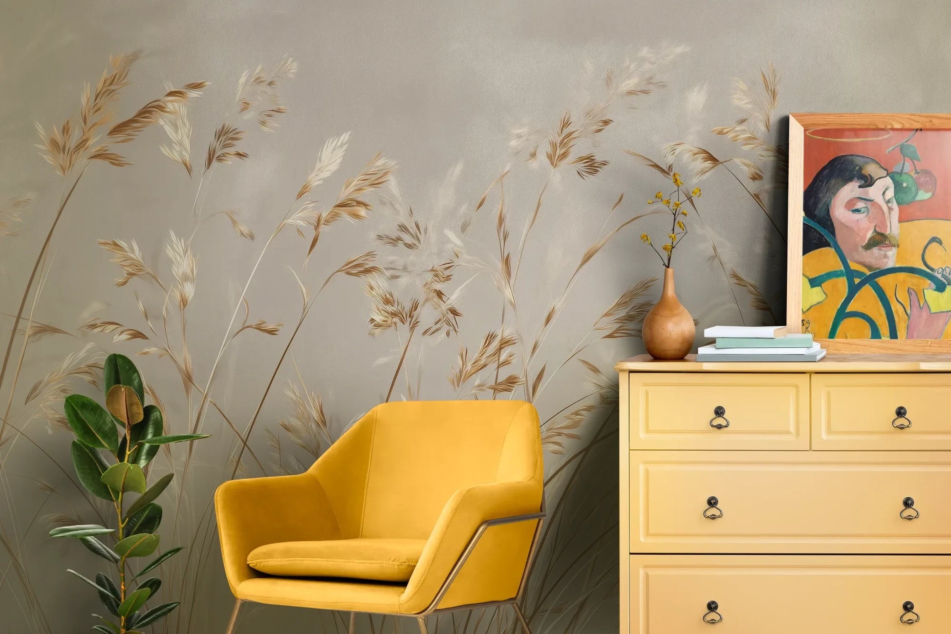 Wzór fototapety BRUSHED GOLD - tapeta z delikatnie falującymi źdźbłami traw pokazanej w aranżacji salonu.