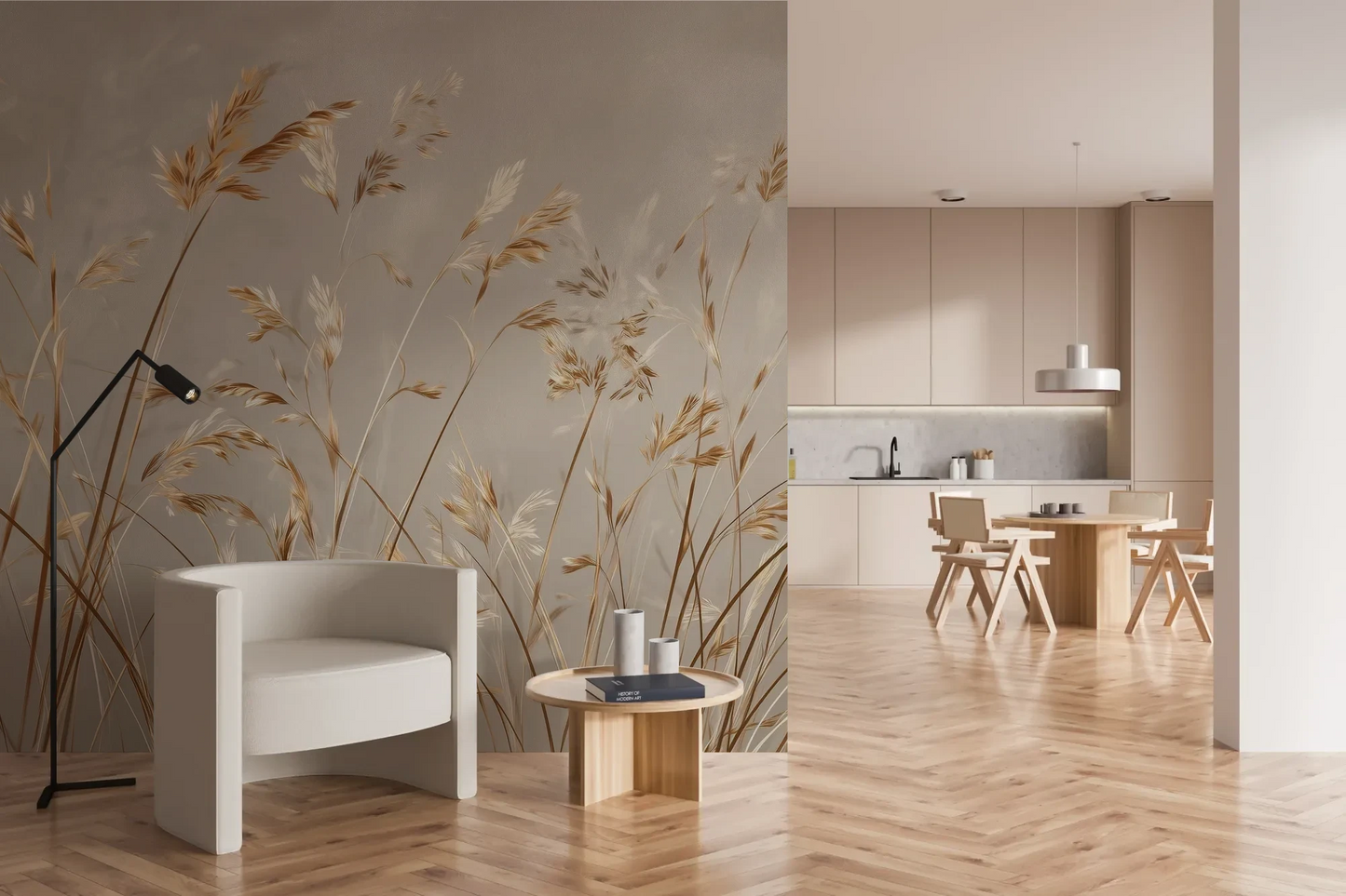 Wzór fototapety BRUSHED GOLD - tapeta z delikatnie falującymi źdźbłami traw pokazanej w aranżacji kuchni.