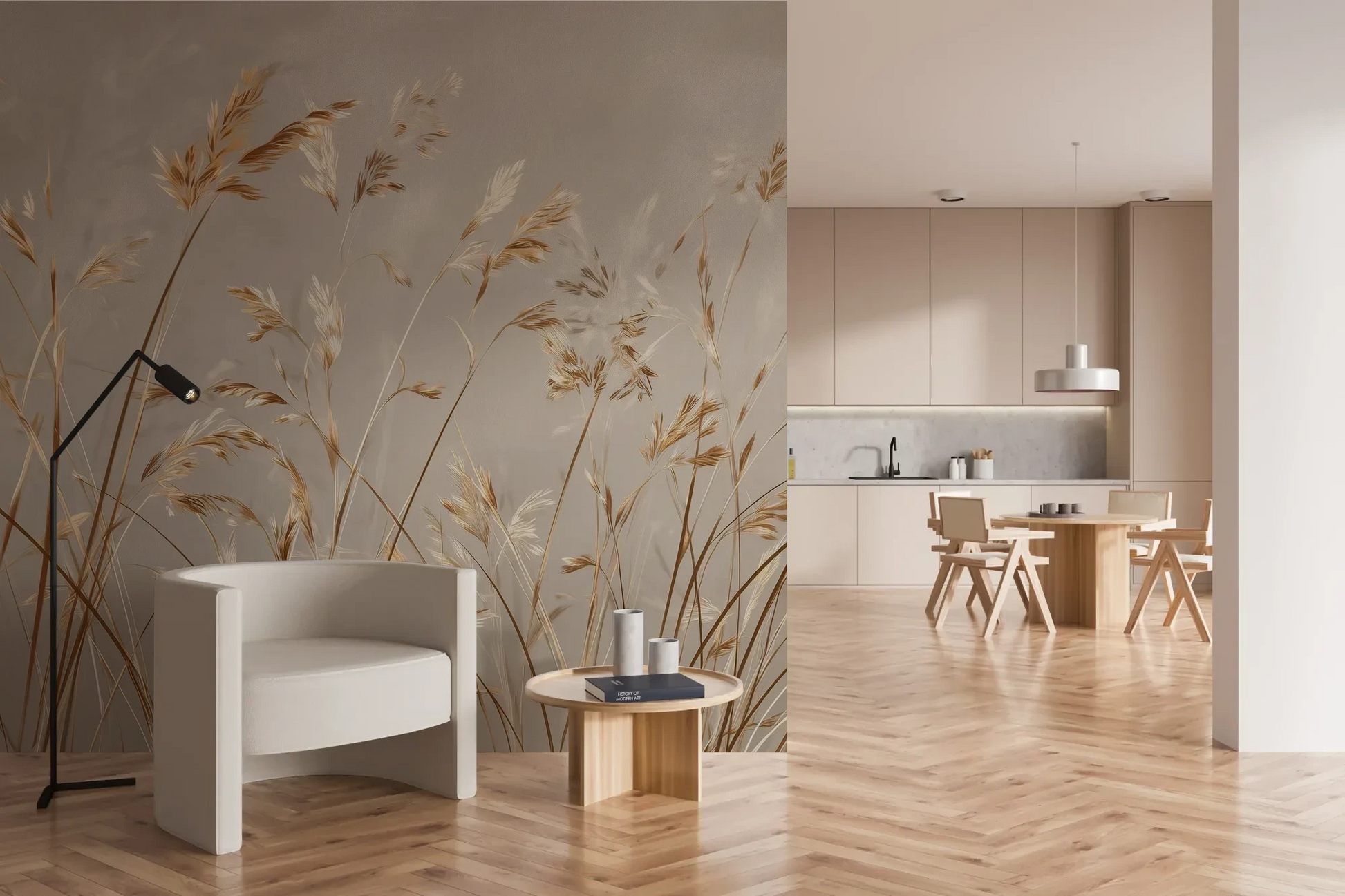 Wzór fototapety BRUSHED GOLD - tapeta z delikatnie falującymi źdźbłami traw pokazanej w aranżacji kuchni.