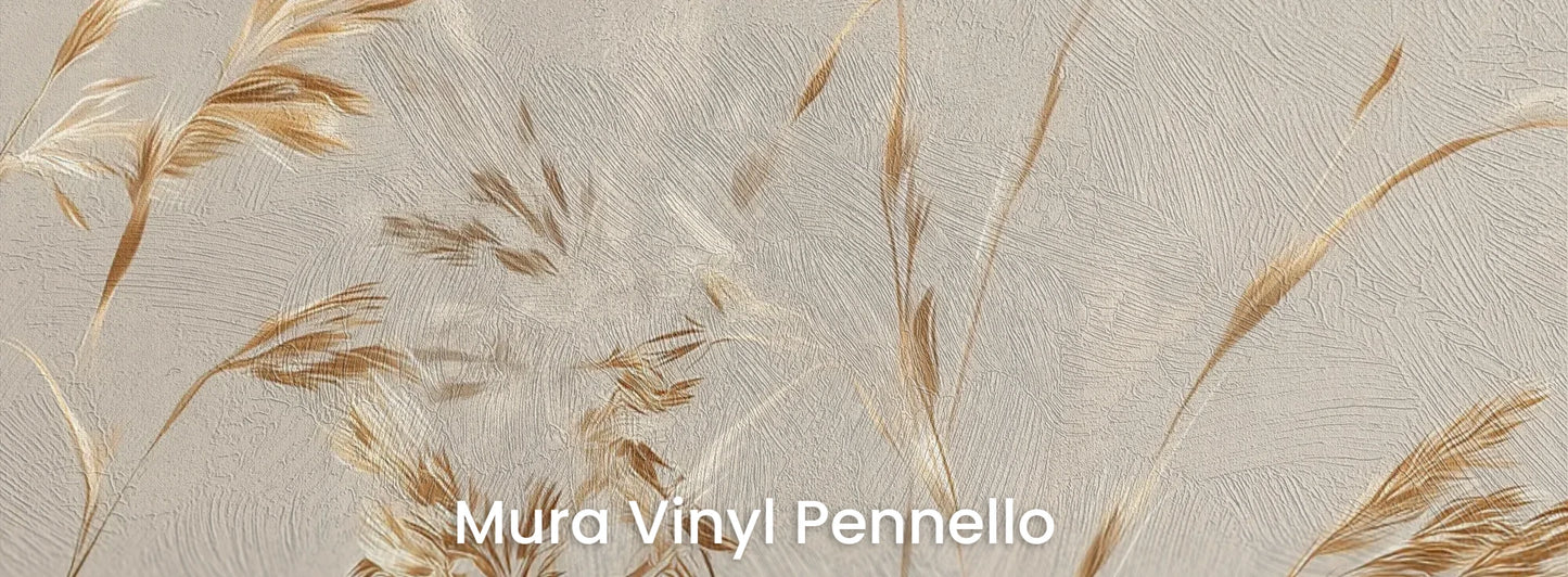 Zbliżenie na fototapetę BRUSHED GOLD - tapeta z delikatnie falującymi źdźbłami traw na podłożu o fakturze pociągnięć pędzla.