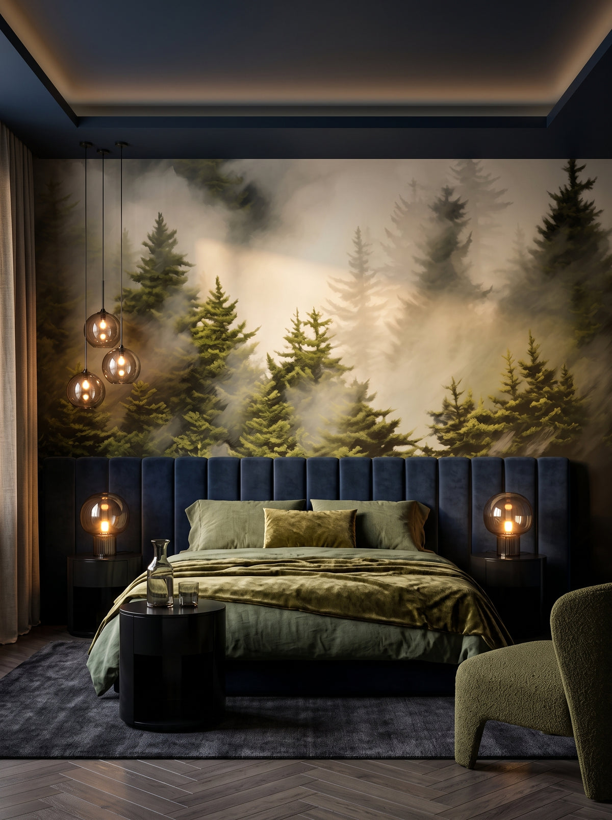 Künstlerische Fototapete „Leśna Aura“ im Interieur: dunkles, umhüllendes Schlafzimmer in einem Boutique-Hotel.
