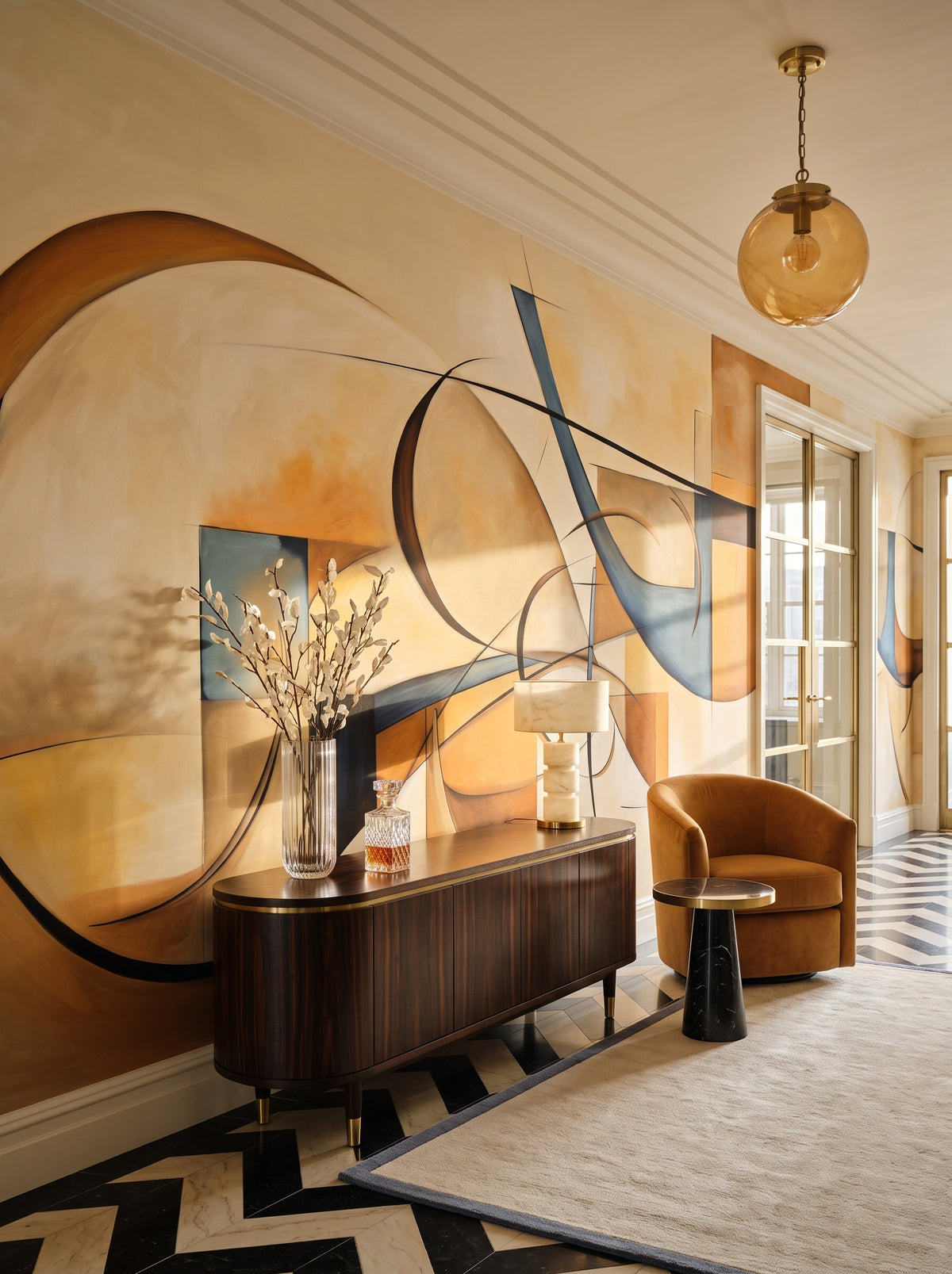 Artistic wall mural “Luminous Geometry” in an interior: entrance gallery in an Art Deco apartment.