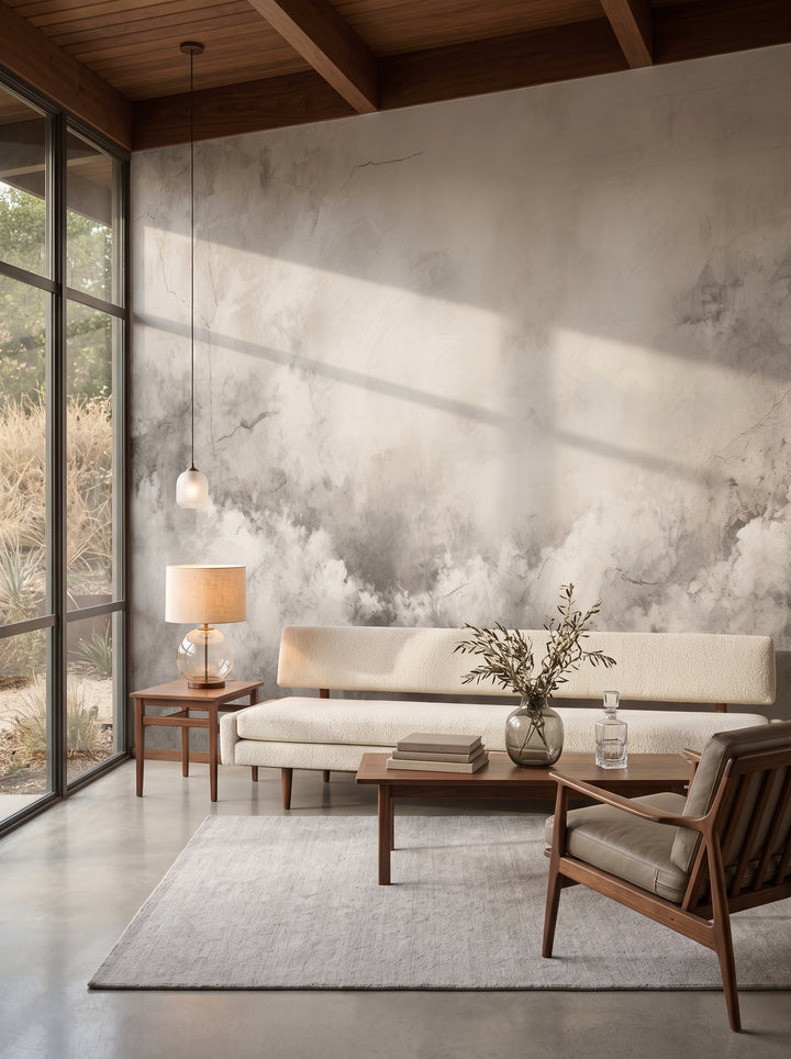 Fototapeta artystyczna o nazwie MONOCHROME MISTIQUE w aranżacji wnętrza: salon w kalifornijskim domu modernistycznym z lat 50..