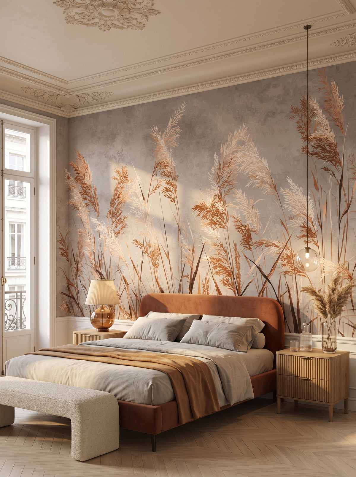 Fototapeta artystyczna o nazwie BLISSFUL STALKS w aranżacji wnętrza: sypialnia w paryskim apartamencie haussmannowskim.