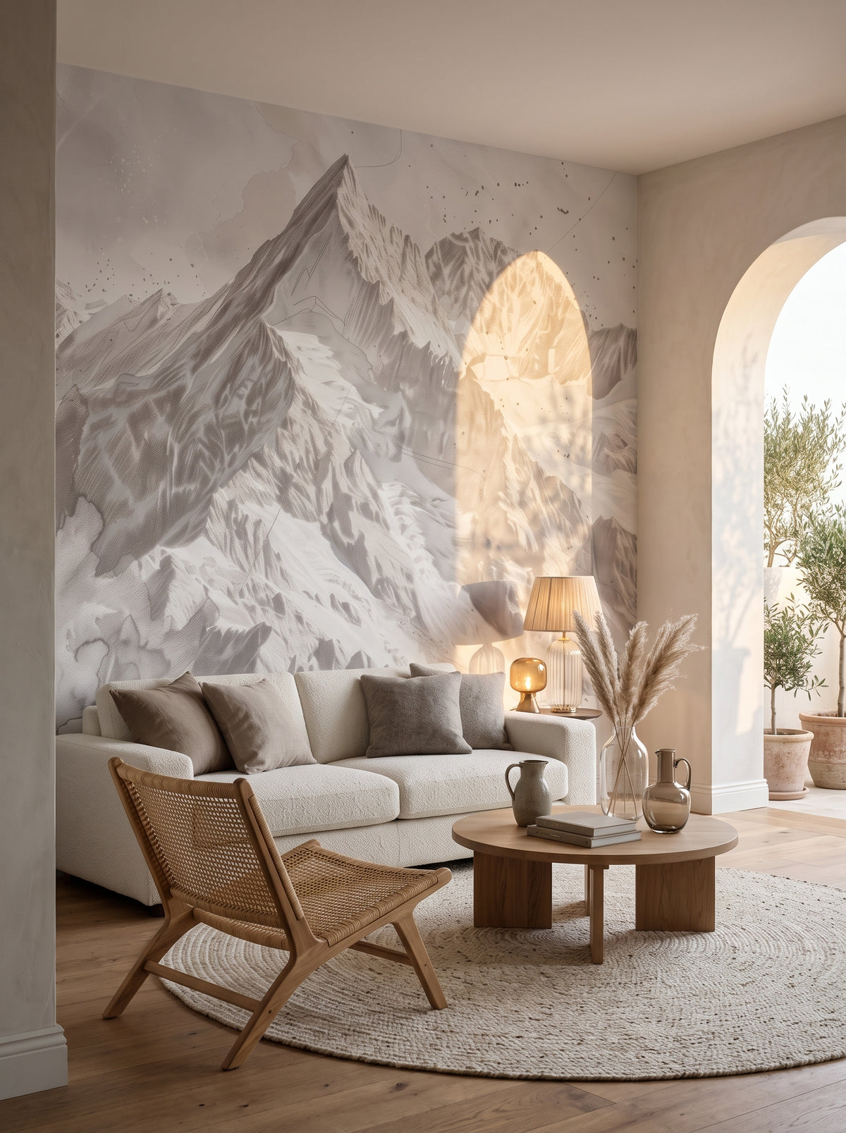 Fototapeta artystyczna o nazwie Snowy Monolith w aranżacji wnętrza: salon w stylu wyrafinowanego boho z tarasem.