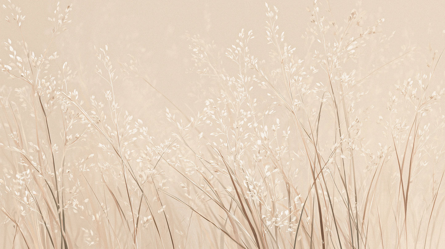 Prezentacja całego wzoru fototapety o nazwie DUSTY ROMANCE - tapeta z delikatnymi trawami na beżowym tle