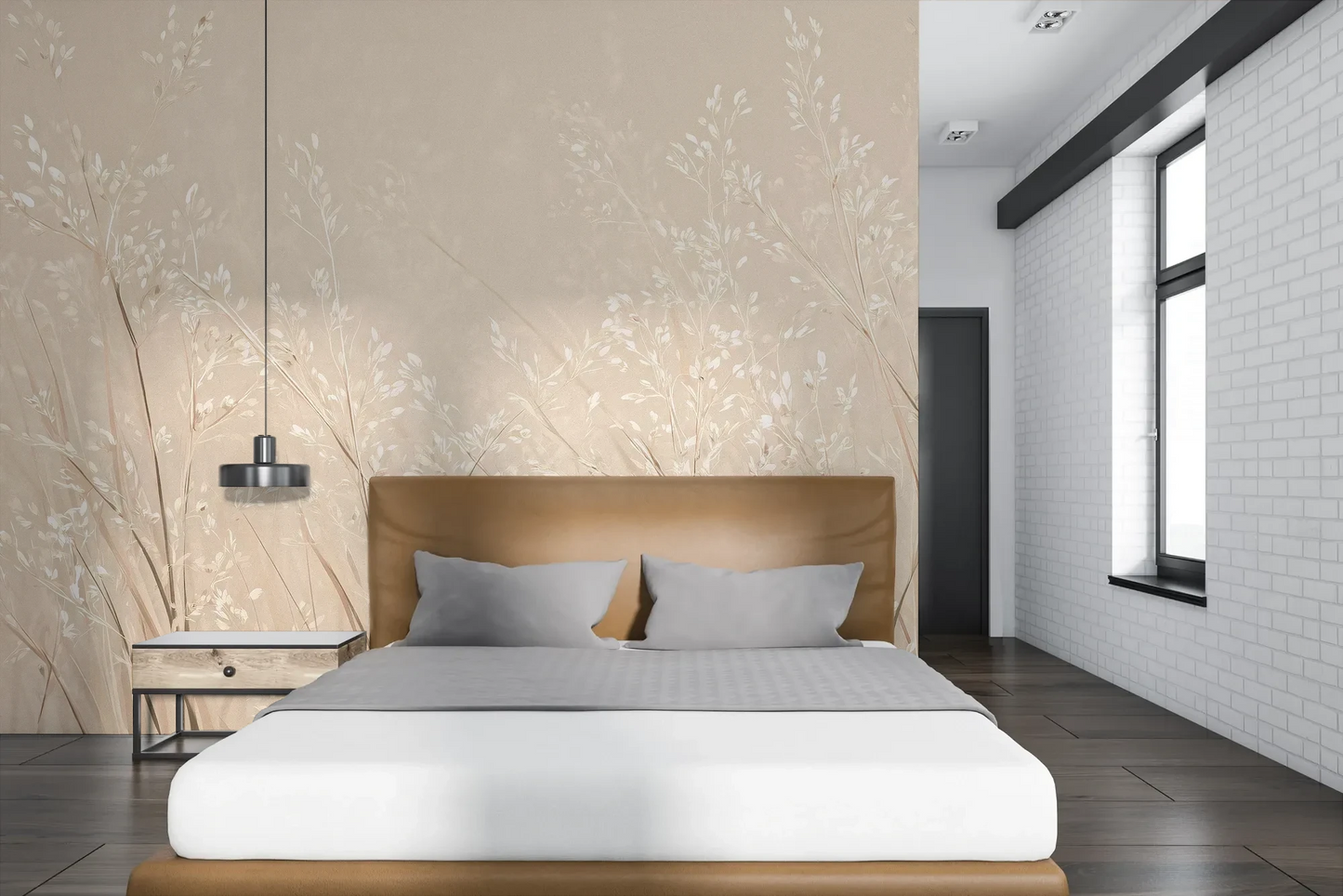 Wzór fototapety DUSTY ROMANCE - tapeta z delikatnymi trawami na beżowym tle pokazanej w aranżacji sypialni.