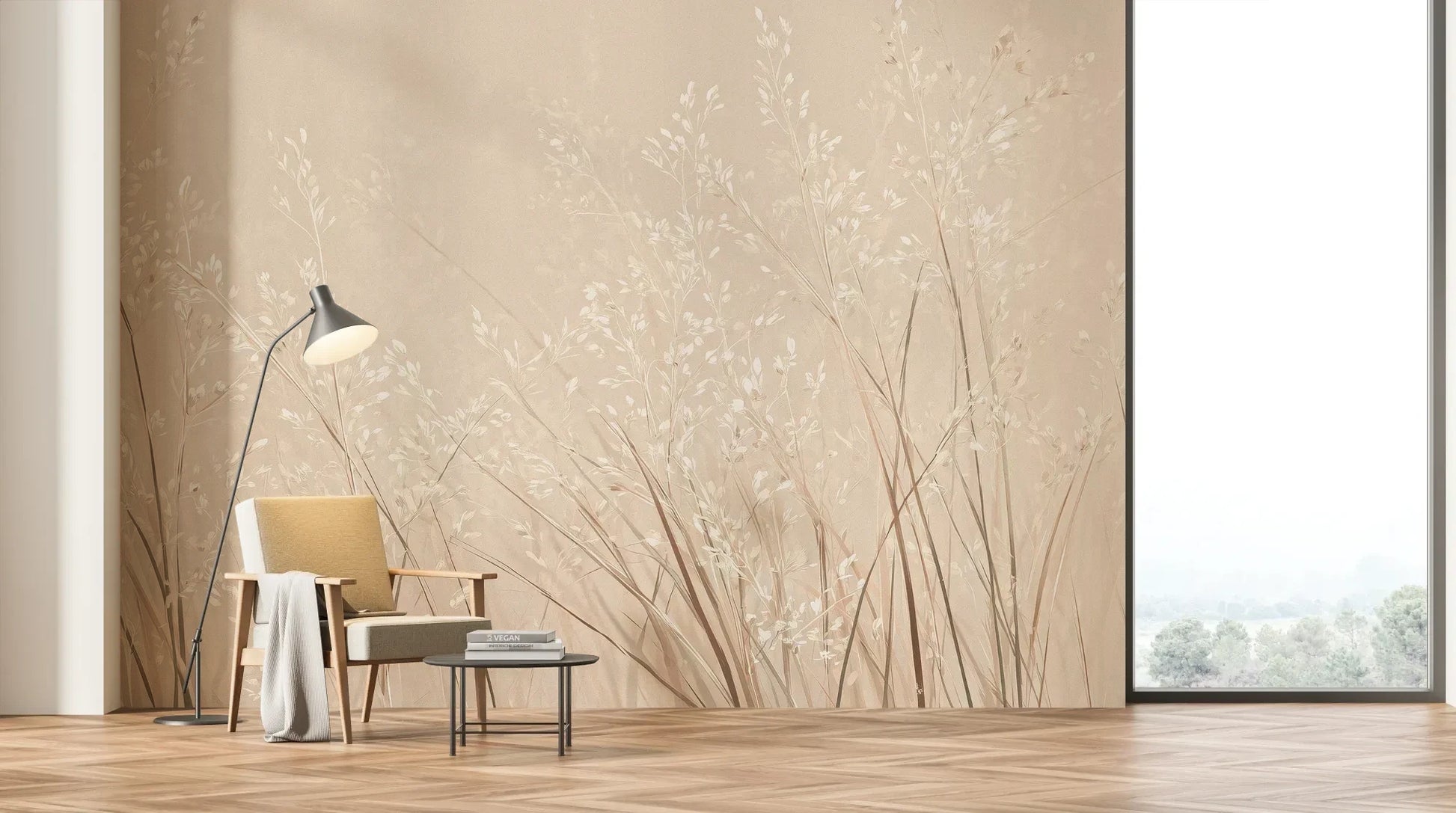 Wzór fototapety DUSTY ROMANCE - tapeta z delikatnymi trawami na beżowym tle pokazanej w aranżacji salonu.
