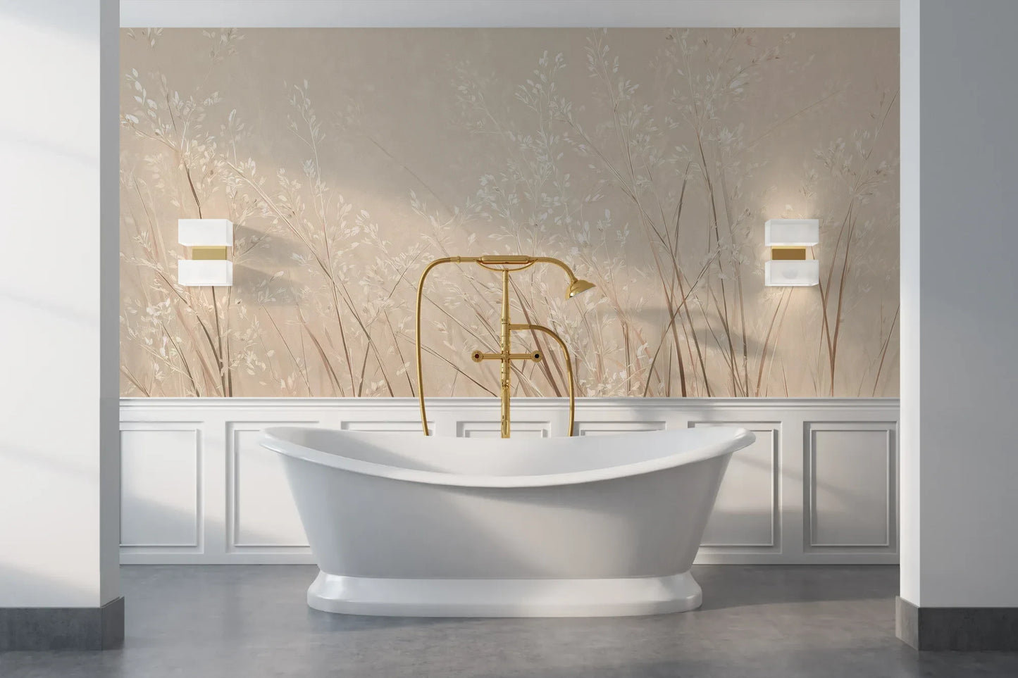 Wzór fototapety DUSTY ROMANCE - tapeta z delikatnymi trawami na beżowym tle pokazanej w aranżacji łazienki.