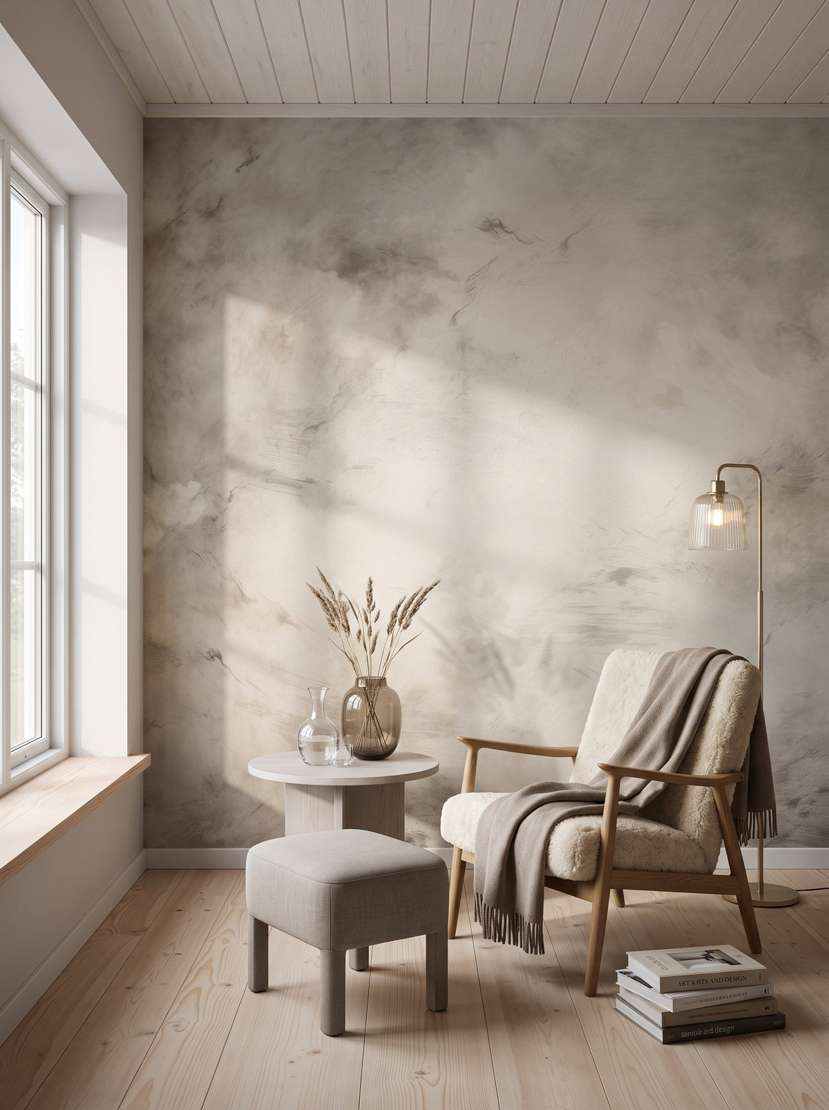 Papier peint panoramique artistique « WHISPERING CLOUD WALTZ » dans un intérieur : coin lecture dans une villa scandinave.