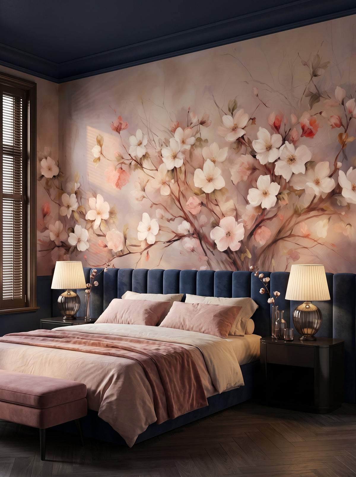 Fototapeta artystyczna o nazwie Blushing Cherry Branch w aranżacji wnętrza: sypialnia w butikowym hotelu designerskim.
