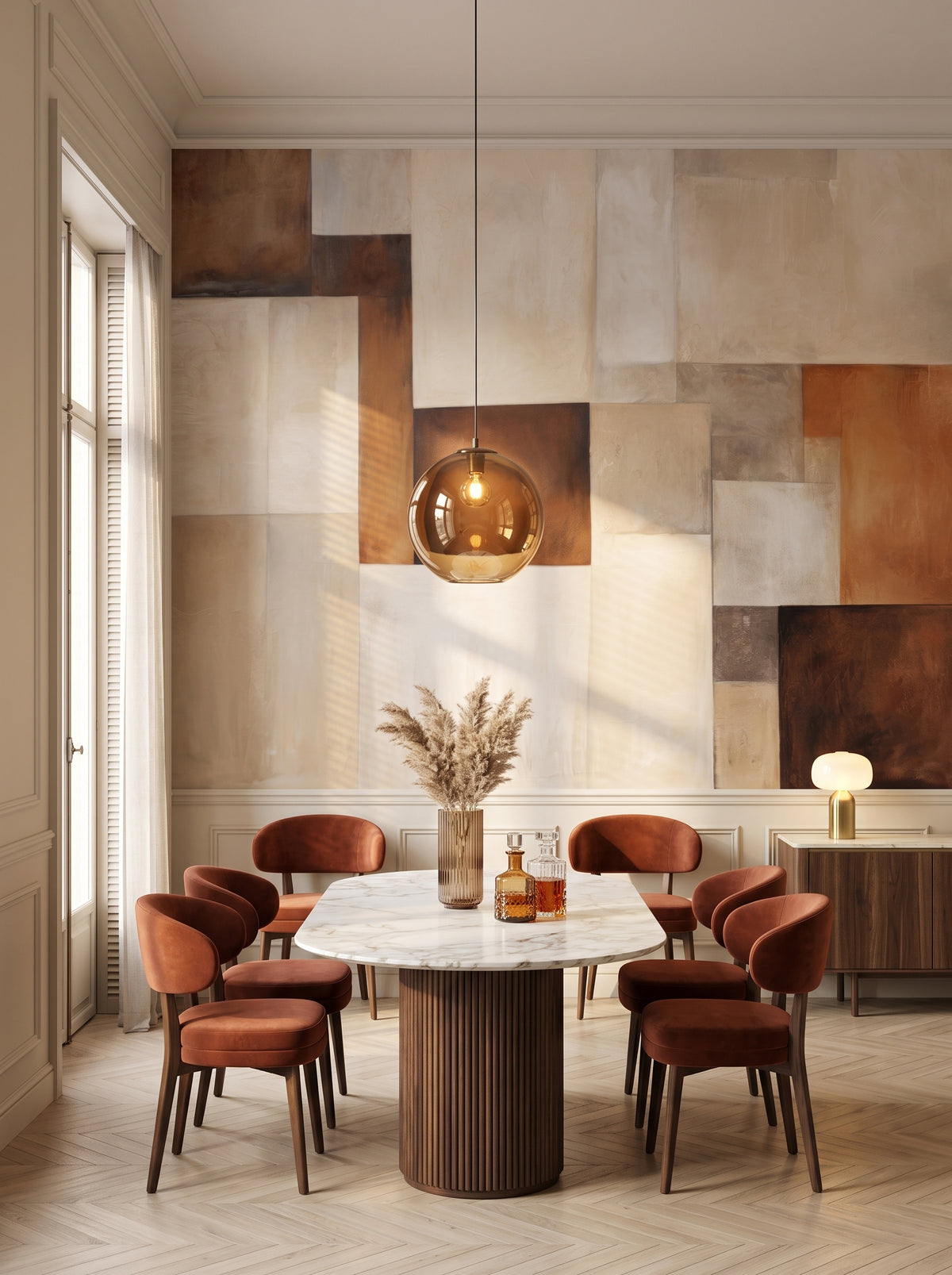 Fotomural artístico «Curved Elegance» en un interior: comedor formal de estilo clásico moderno.