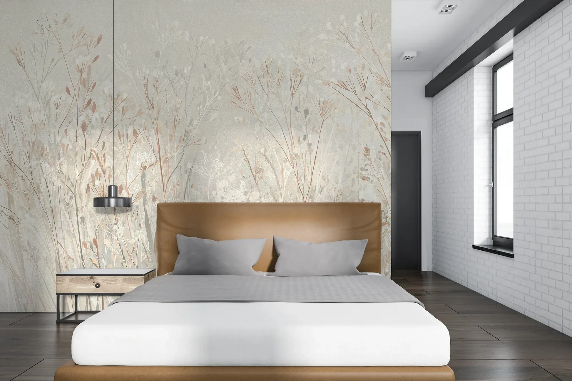 Wzór fototapety PEARL WHISPERS - tapeta z delikatną trawą w pastelowych odcieniach pokazanej w aranżacji sypialni.