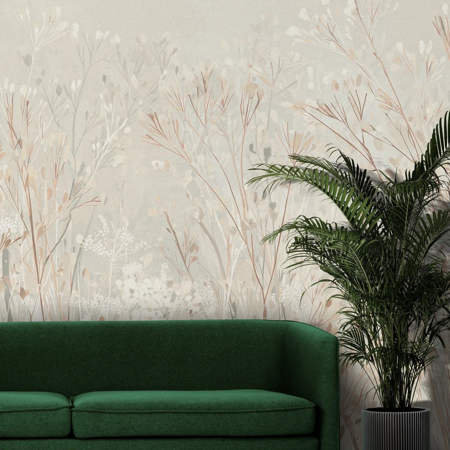 Fototapeta PEARL WHISPERS - tapeta z delikatną trawą w pastelowych odcieniach pokazana w aranżacji wnętrza z akcentem na ścianie.