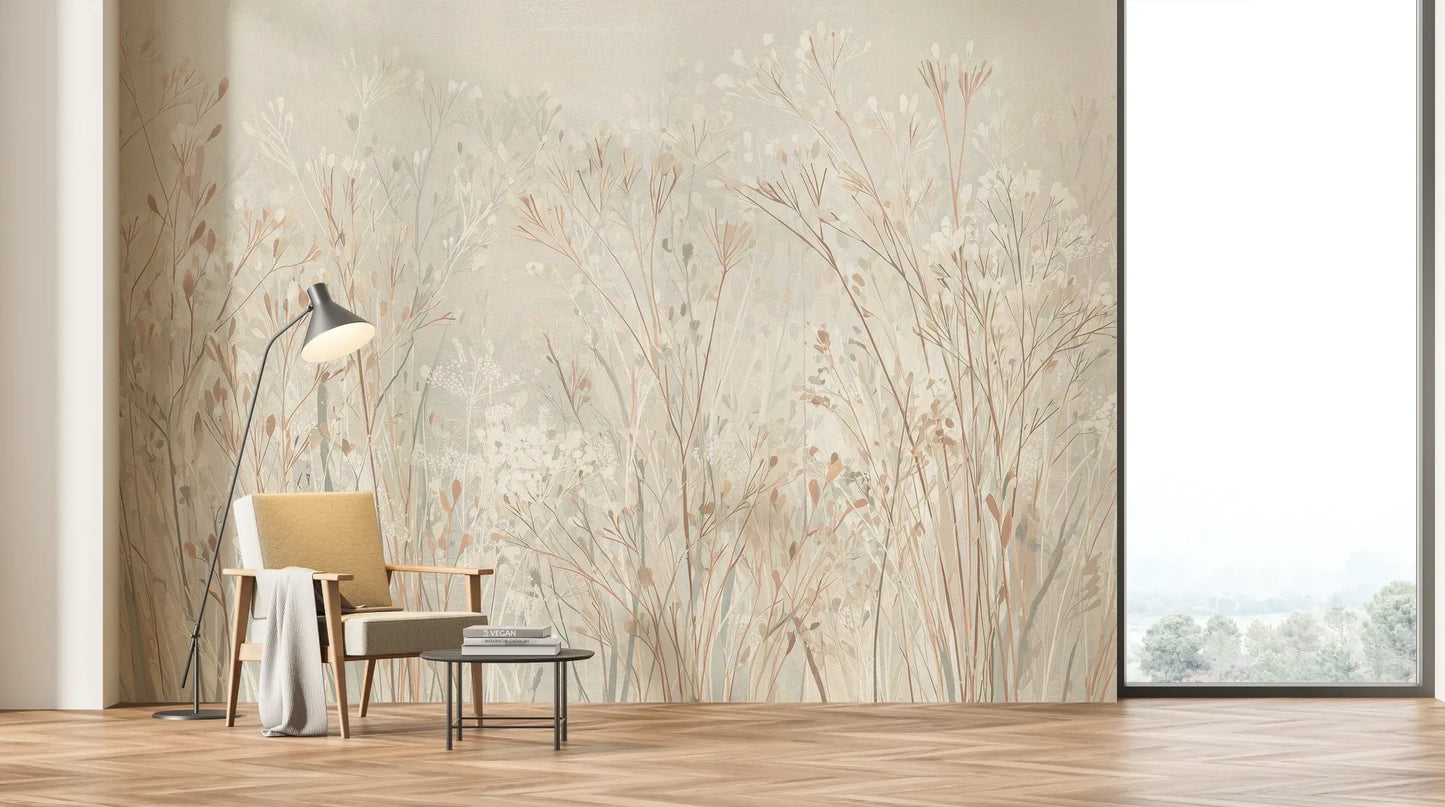 Wzór fototapety PEARL WHISPERS - tapeta z delikatną trawą w pastelowych odcieniach pokazanej w aranżacji salonu.