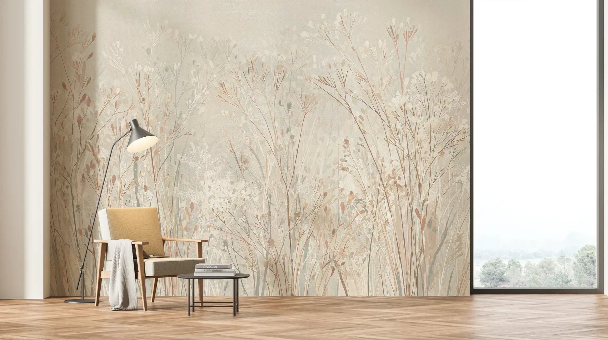 Wzór fototapety PEARL WHISPERS - tapeta z delikatną trawą w pastelowych odcieniach pokazanej w aranżacji salonu.