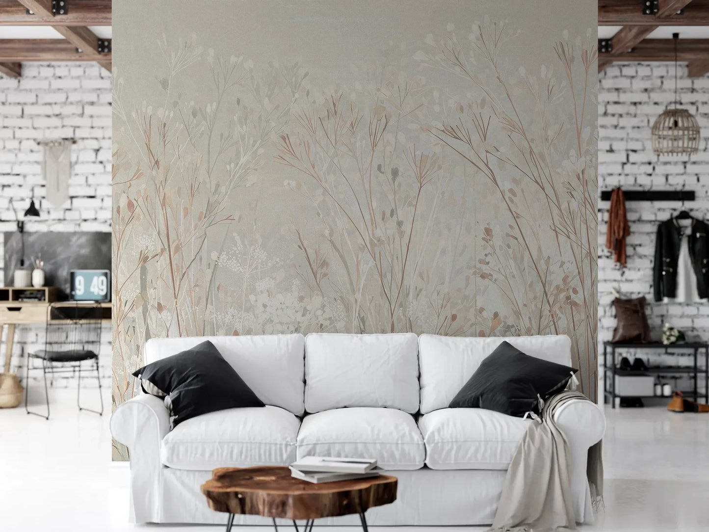 Wzór fototapety PEARL WHISPERS - tapeta z delikatną trawą w pastelowych odcieniach pokazanej w aranżacji salonu.