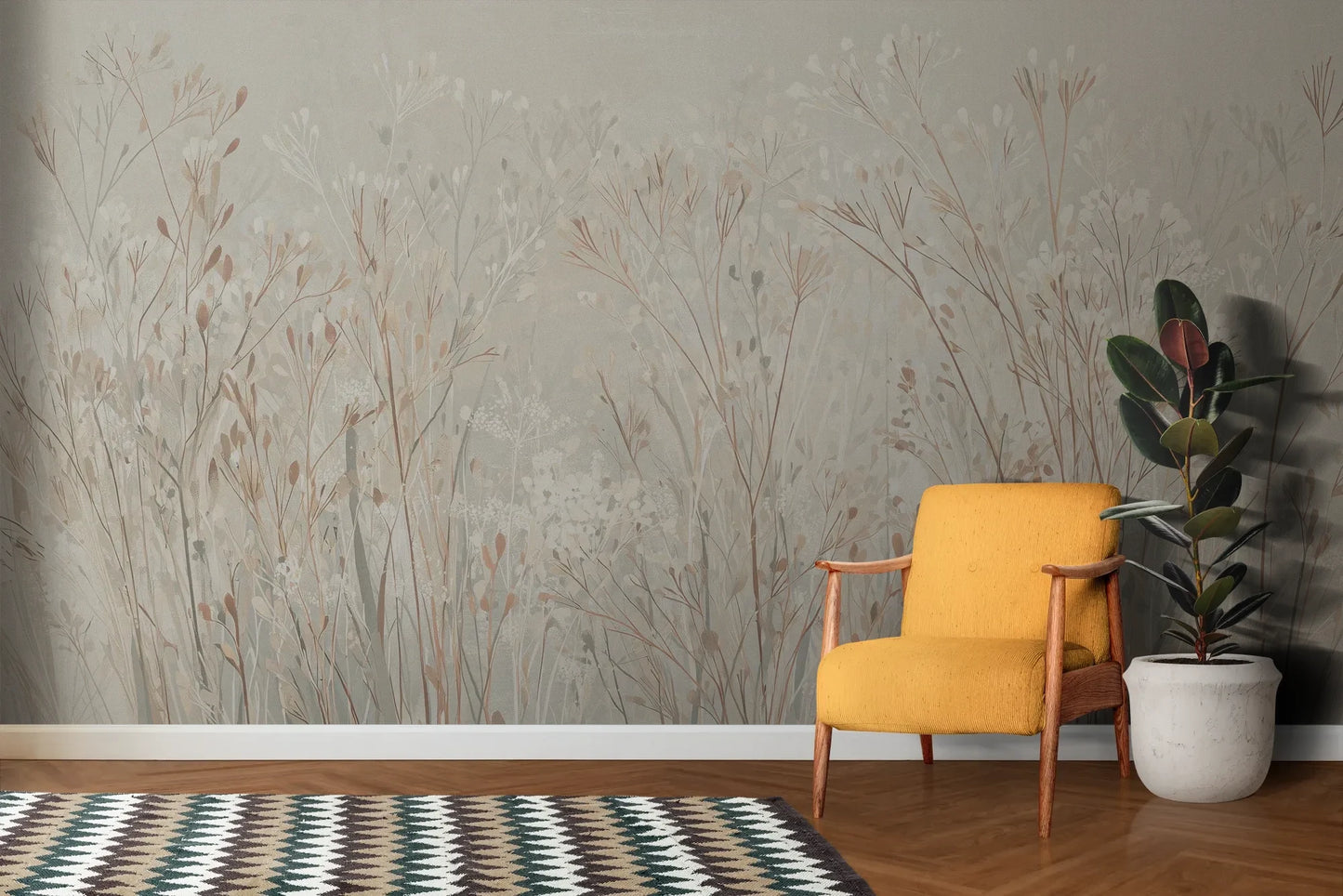 Wzór fototapety PEARL WHISPERS - tapeta z delikatną trawą w pastelowych odcieniach pokazanej w aranżacji salonu.