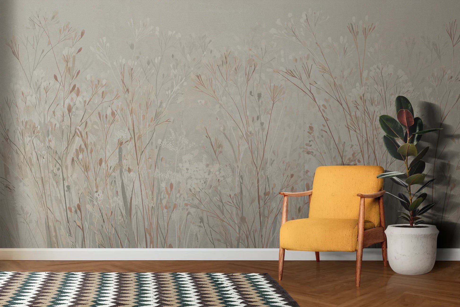 Wzór fototapety PEARL WHISPERS - tapeta z delikatną trawą w pastelowych odcieniach pokazanej w aranżacji salonu.