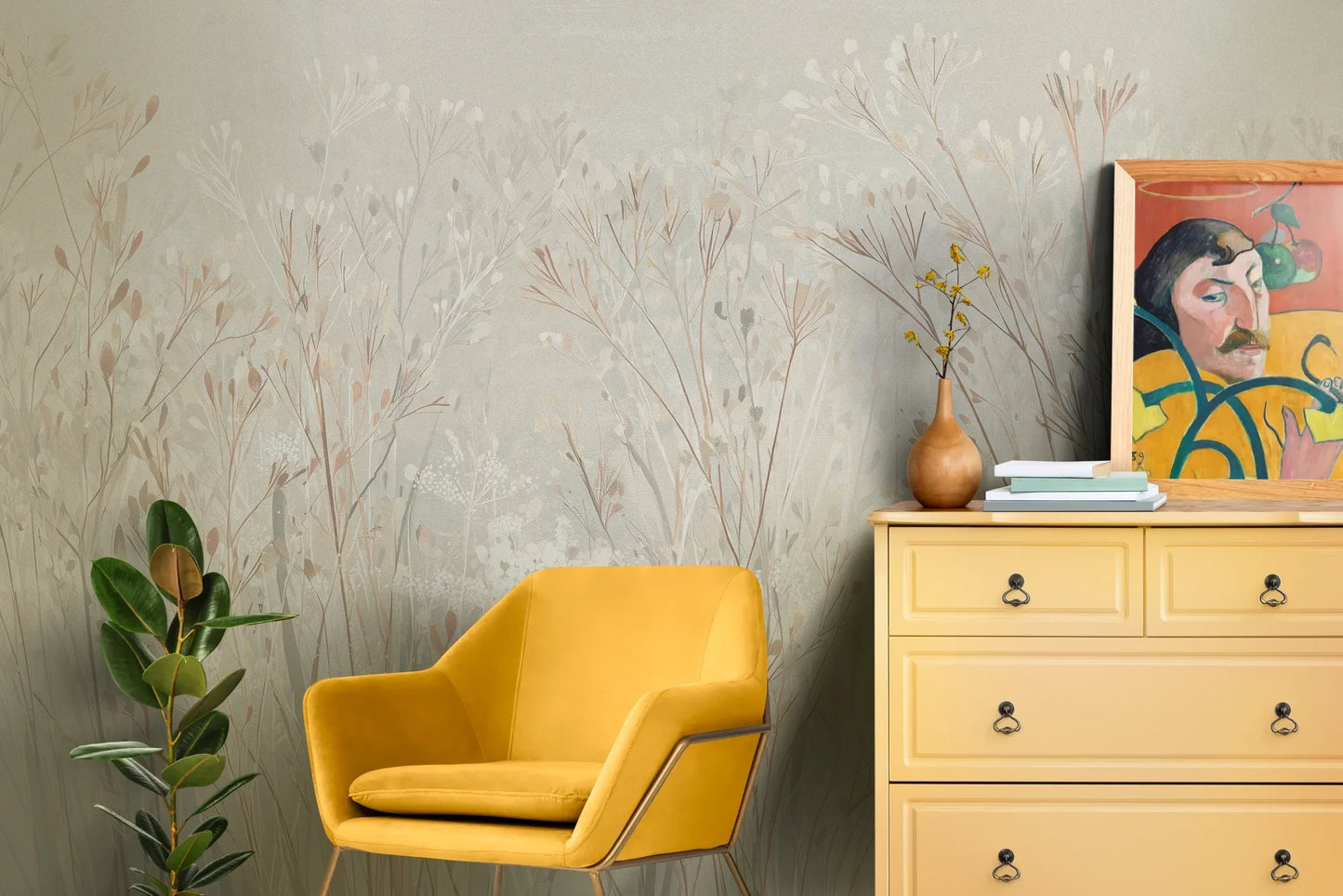 Wzór fototapety PEARL WHISPERS - tapeta z delikatną trawą w pastelowych odcieniach pokazanej w aranżacji salonu.