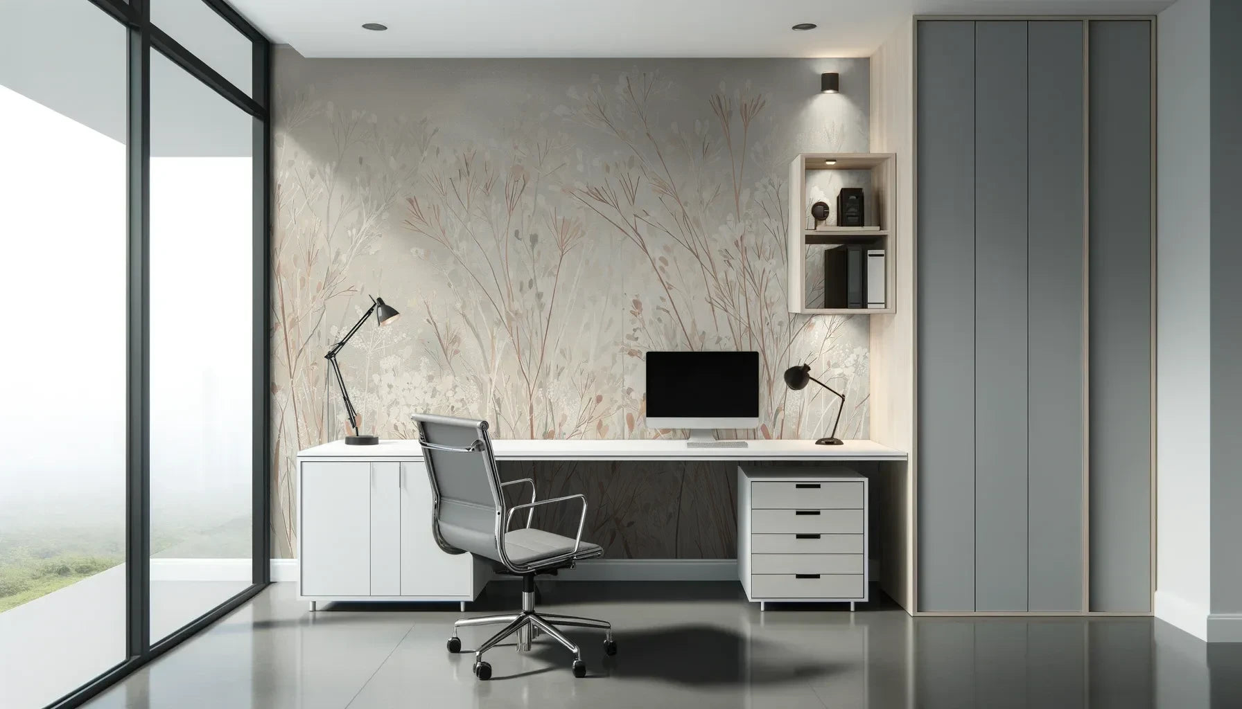 Fototapeta PEARL WHISPERS - tapeta z delikatną trawą w pastelowych odcieniach pokazana w aranżacji biura.