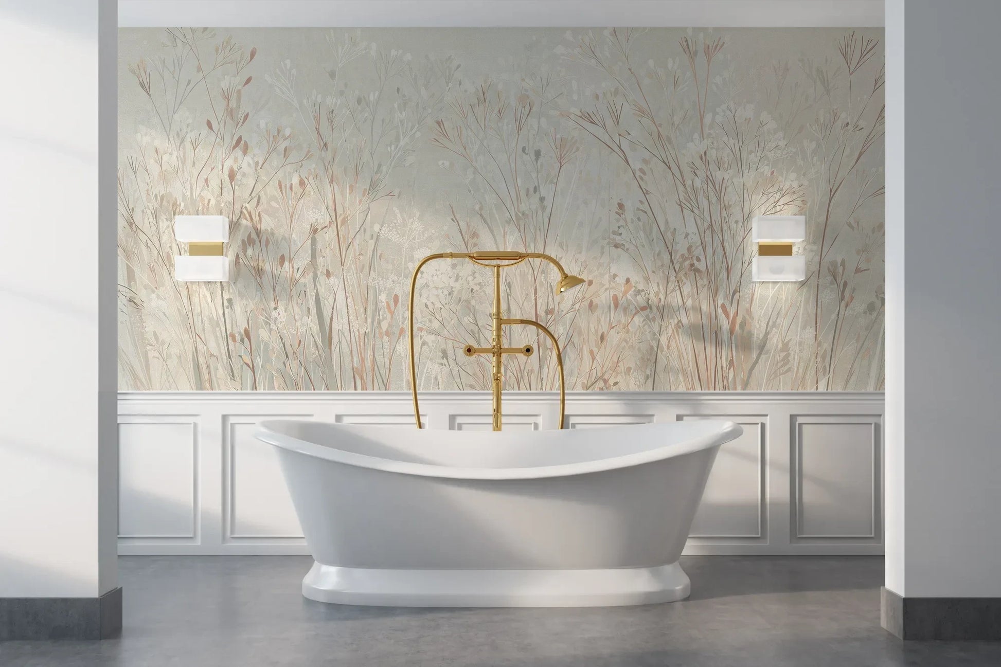 Wzór fototapety PEARL WHISPERS - tapeta z delikatną trawą w pastelowych odcieniach pokazanej w aranżacji łazienki.