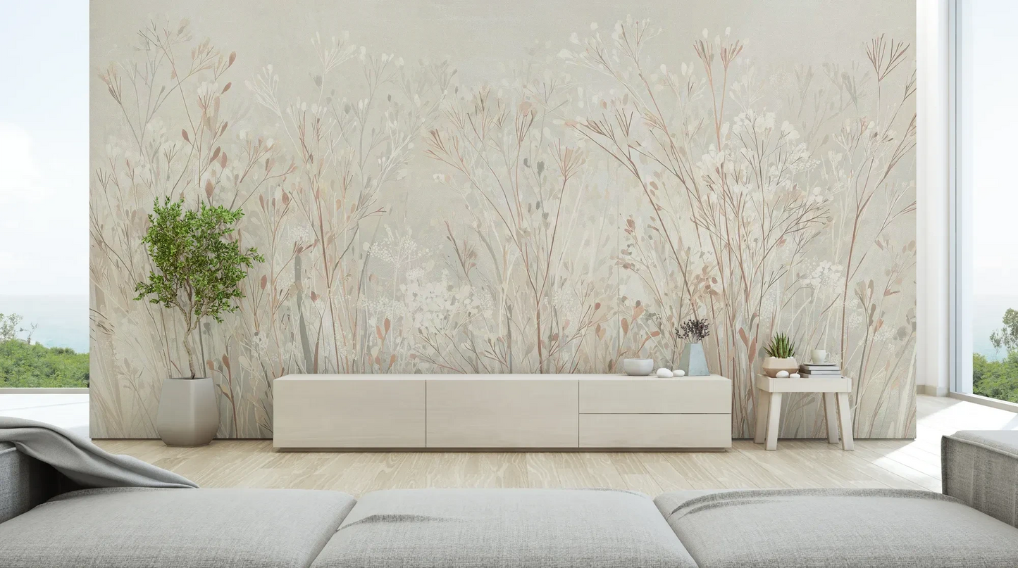 Wzór fototapety PEARL WHISPERS - tapeta z delikatną trawą w pastelowych odcieniach pokazanej w aranżacji salonu.
