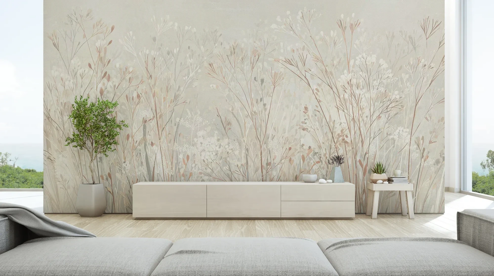 Wzór fototapety PEARL WHISPERS - tapeta z delikatną trawą w pastelowych odcieniach pokazanej w aranżacji salonu.