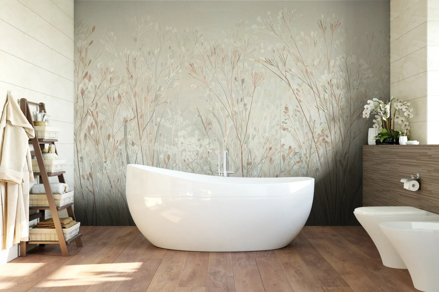 Wzór fototapety PEARL WHISPERS - tapeta z delikatną trawą w pastelowych odcieniach pokazanej w aranżacji łazienki.