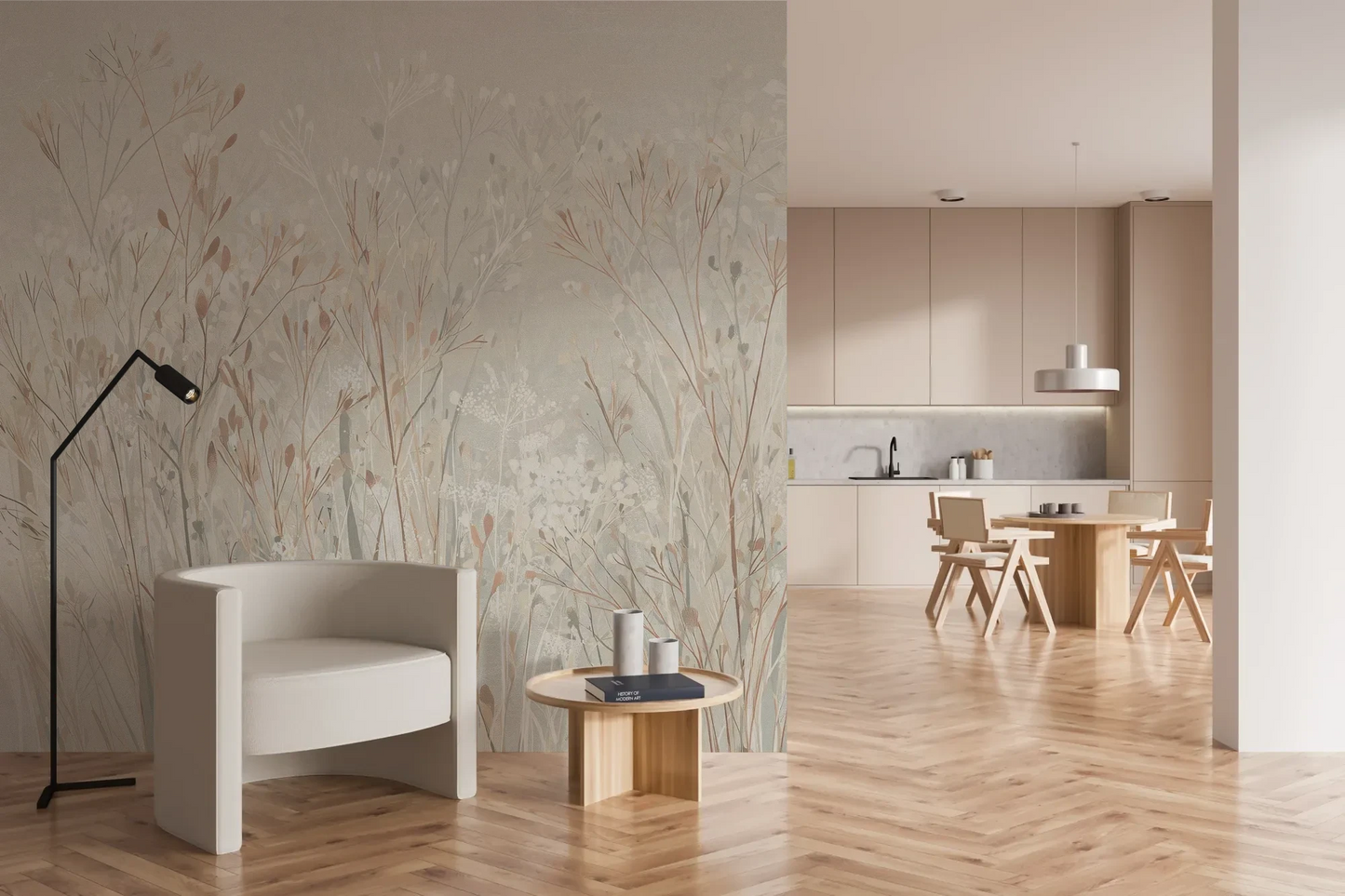 Wzór fototapety PEARL WHISPERS - tapeta z delikatną trawą w pastelowych odcieniach pokazanej w aranżacji kuchni.