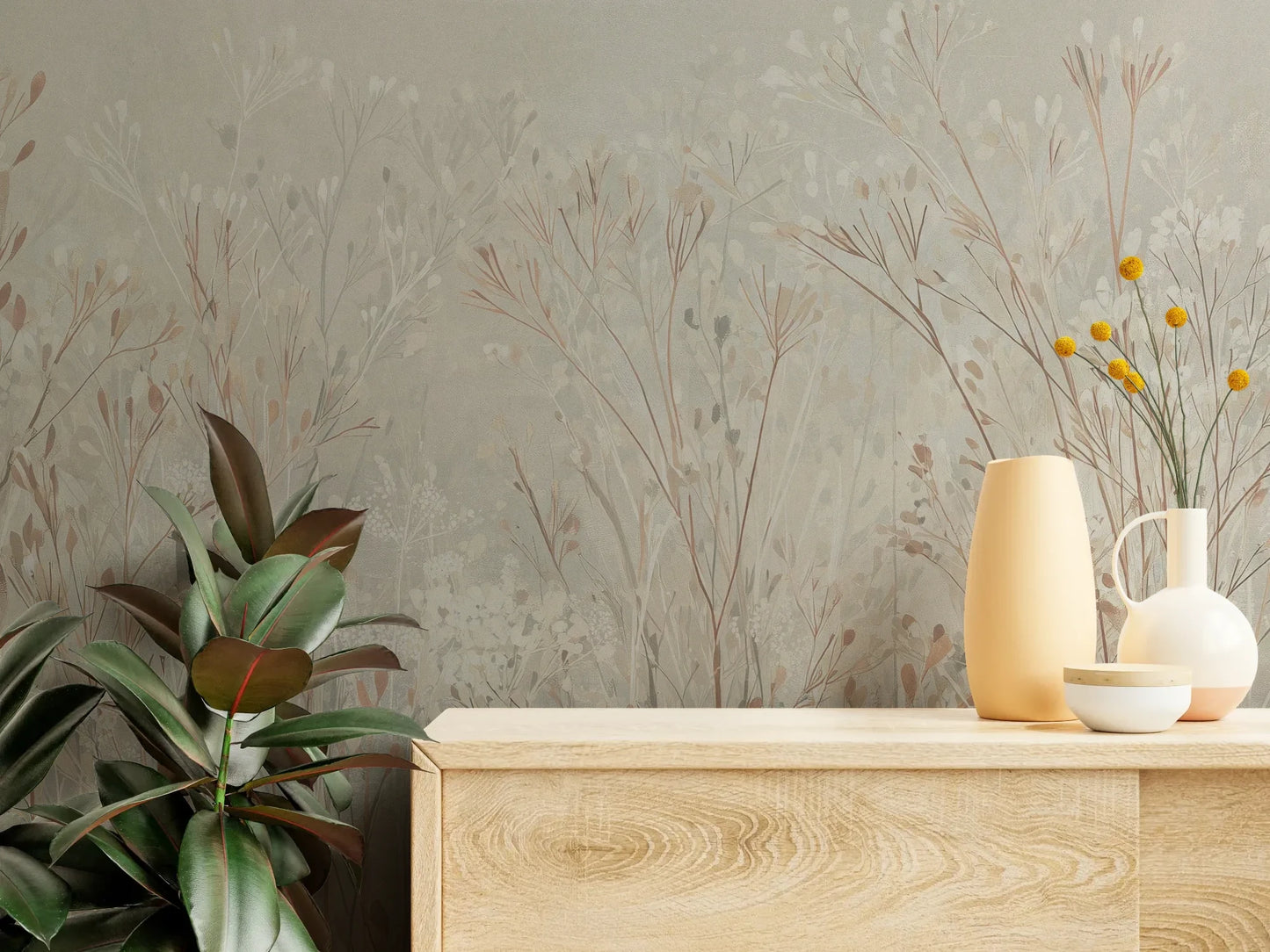 Fototapeta PEARL WHISPERS - tapeta z delikatną trawą w pastelowych odcieniach pokazana w aranżacji wnętrza z akcentem na ścianie.