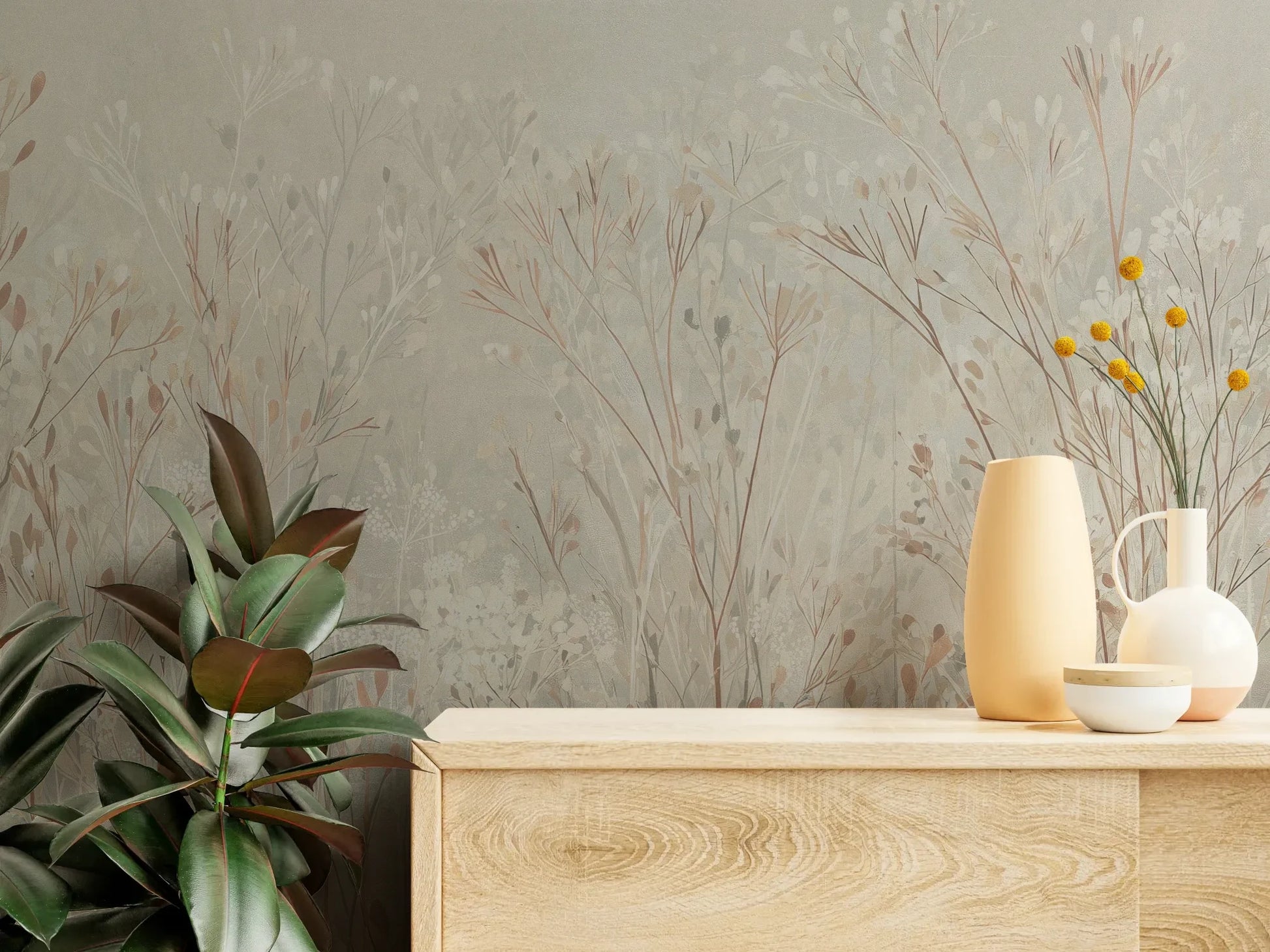 Fototapeta PEARL WHISPERS - tapeta z delikatną trawą w pastelowych odcieniach pokazana w aranżacji wnętrza z akcentem na ścianie.