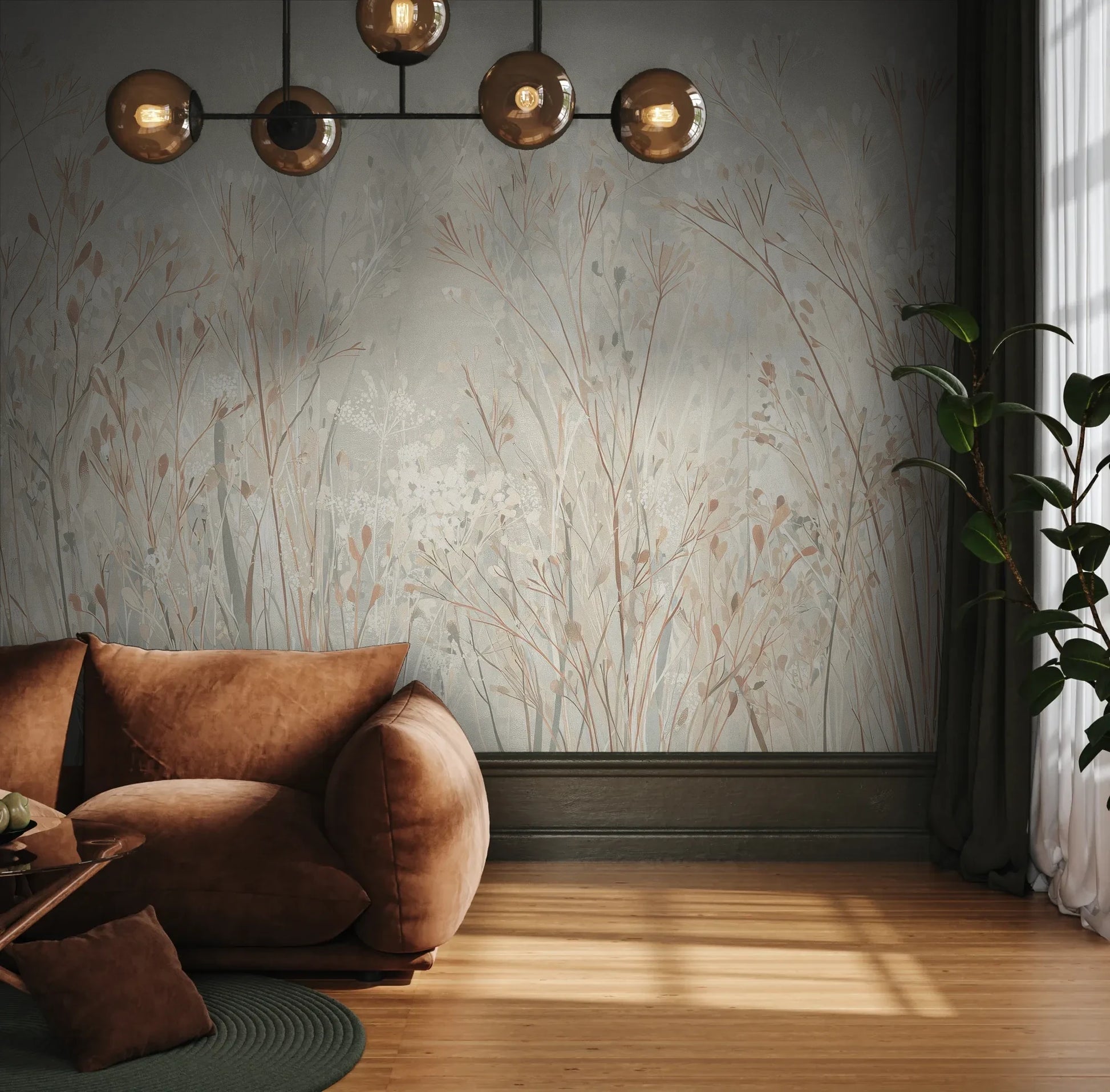 Fototapeta PEARL WHISPERS - tapeta z delikatną trawą w pastelowych odcieniach pokazana w aranżacji wnętrza z akcentem na ścianie.