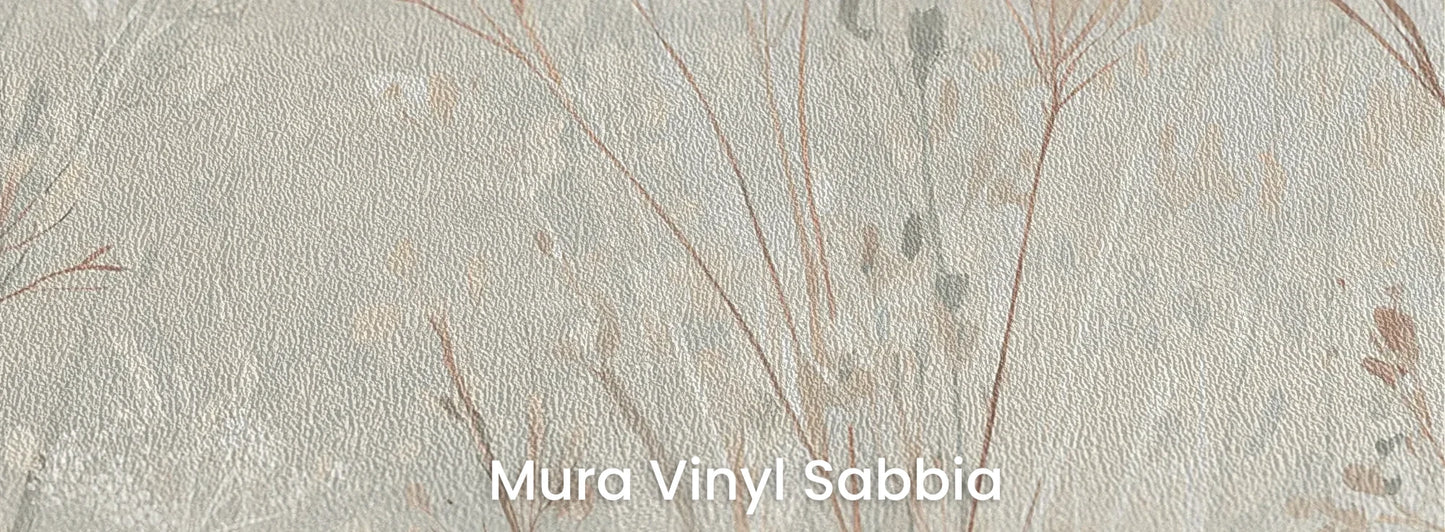 Zbliżenie na fototapetę PEARL WHISPERS - tapeta z delikatną trawą w pastelowych odcieniach na podłożu o strukturze ziarna piasku.