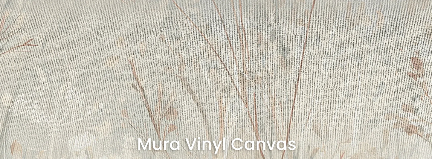 Zbliżenie na fototapetę PEARL WHISPERS - tapeta z delikatną trawą w pastelowych odcieniach na podłożu o fakturze płótna.