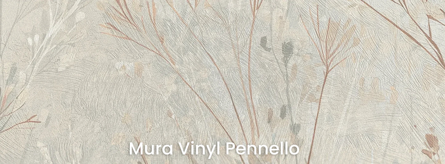 Zbliżenie na fototapetę PEARL WHISPERS - tapeta z delikatną trawą w pastelowych odcieniach na podłożu o fakturze pociągnięć pędzla.