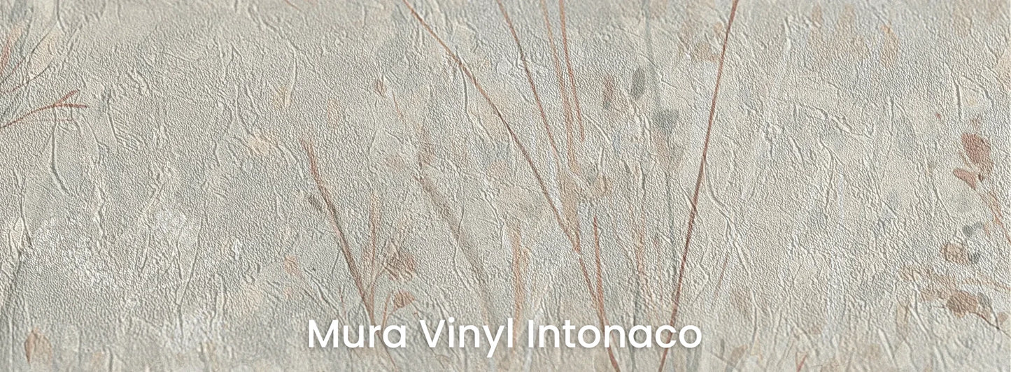 Zbliżenie na fototapetę PEARL WHISPERS - tapeta z delikatną trawą w pastelowych odcieniach na podłożu o strukturze tartego tynku.