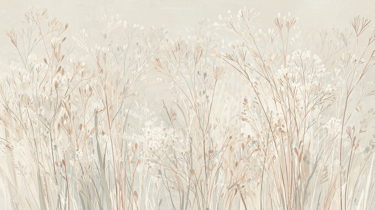 Prezentacja całego wzoru fototapety o nazwie PEARL WHISPERS - tapeta z delikatną trawą w pastelowych odcieniach