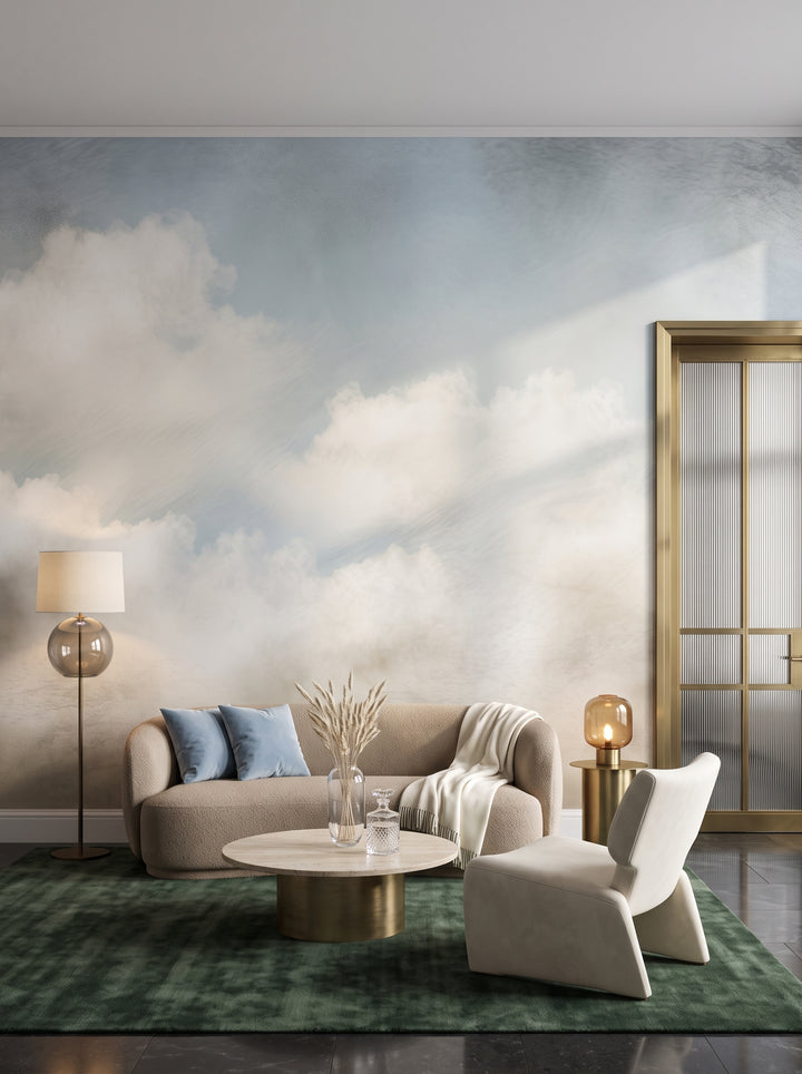 Fototapeta artystyczna o nazwie CELESTIAL DAWN MURMURS w aranżacji wnętrza: lobby lounge butikowego hotelu designerskiego.