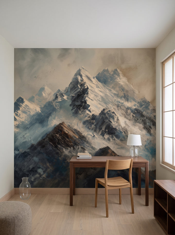 Fototapeta artystyczna o nazwie Rugged Peaks w aranżacji wnętrza: gabinet w stylu japandi.