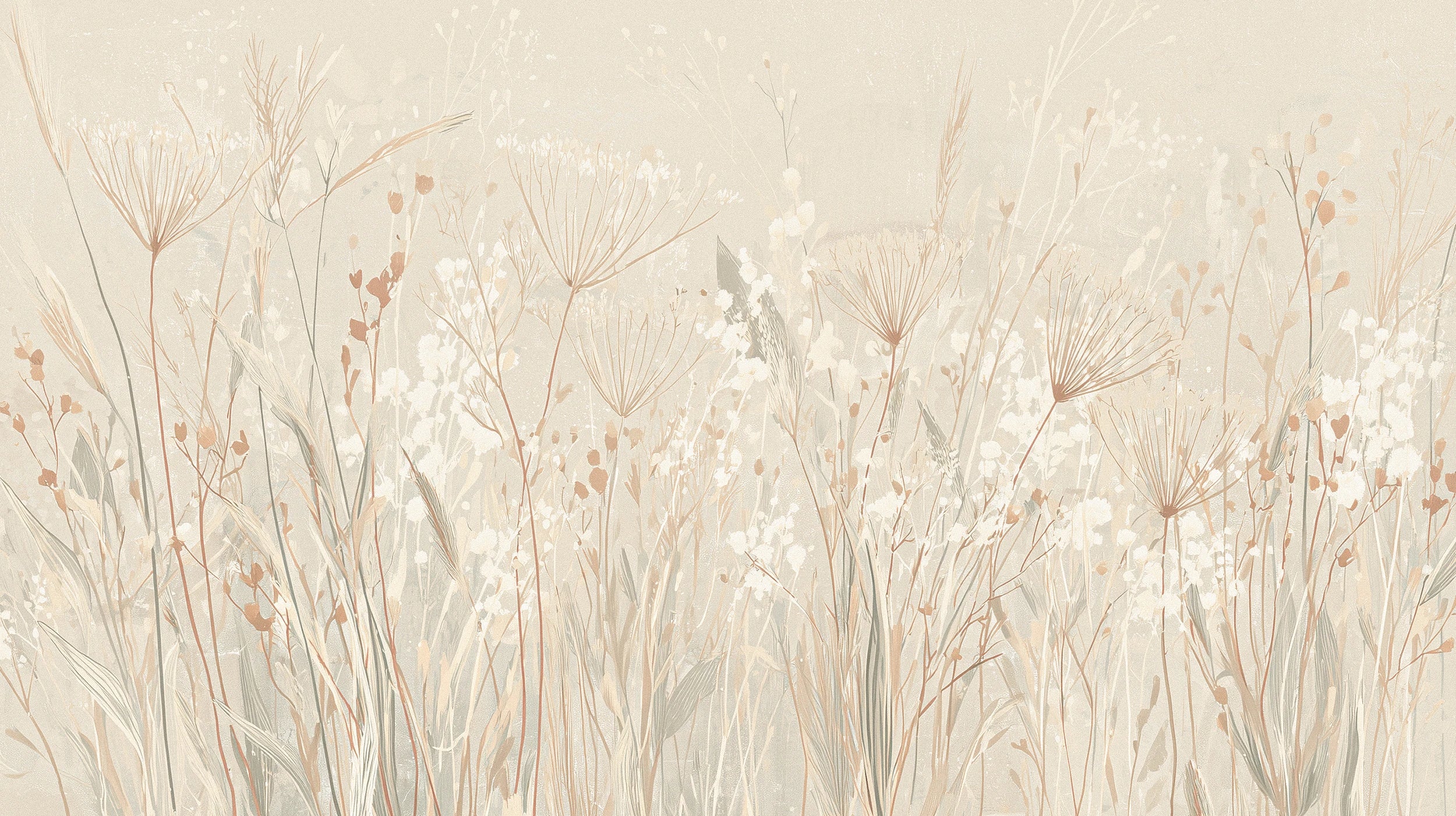 Pattern preview: Prezentacja całego wzoru fototapety o nazwie TIMELESS POETRY - tapeta z delikatnymi źdźbłami traw w beżowej tonacji