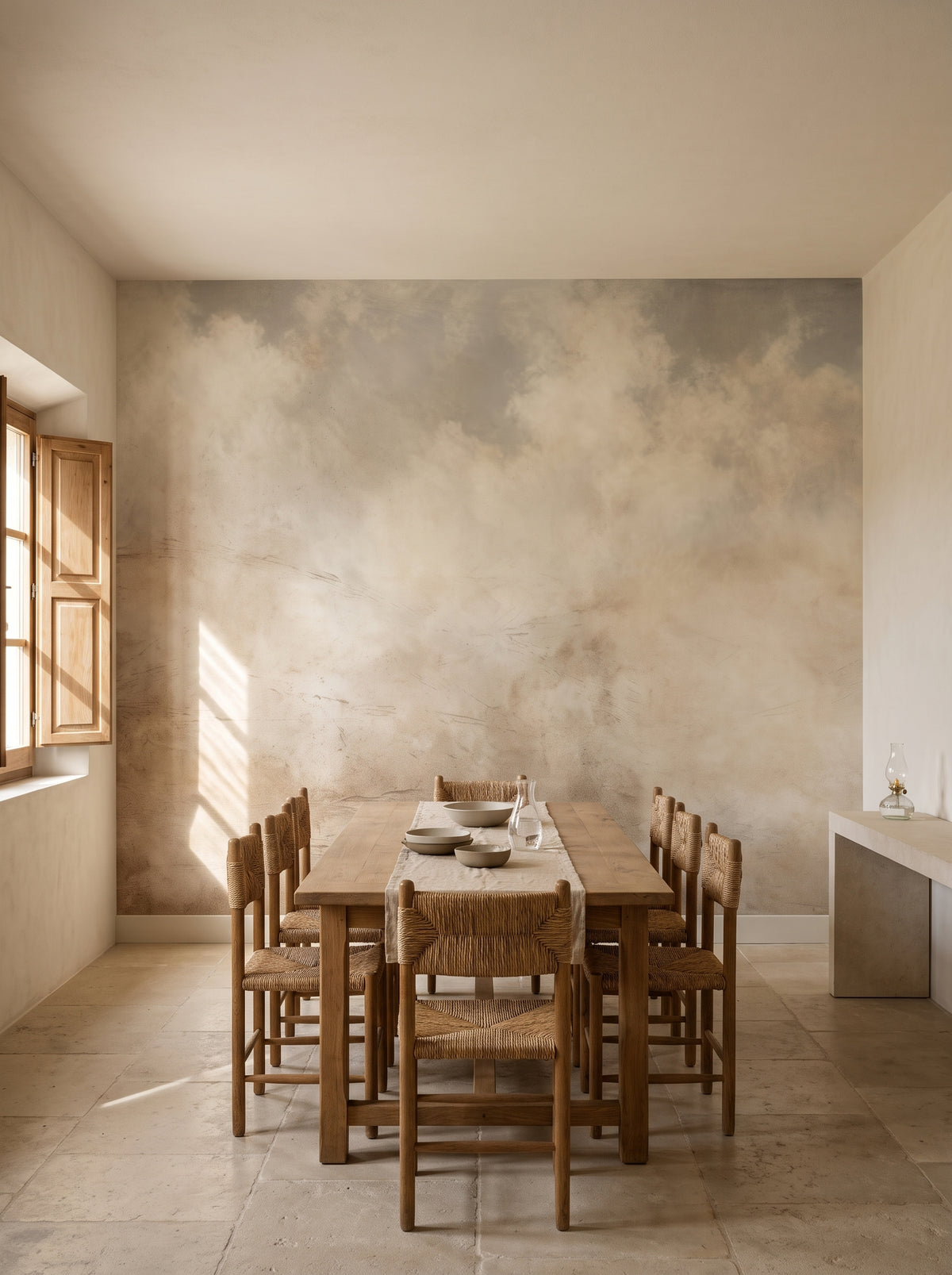 Fototapeta artystyczna o nazwie EARTHTONE CLOUDSCAPE ELEGANCE w aranżacji wnętrza: jadalnia w śródziemnomorskiej willi.