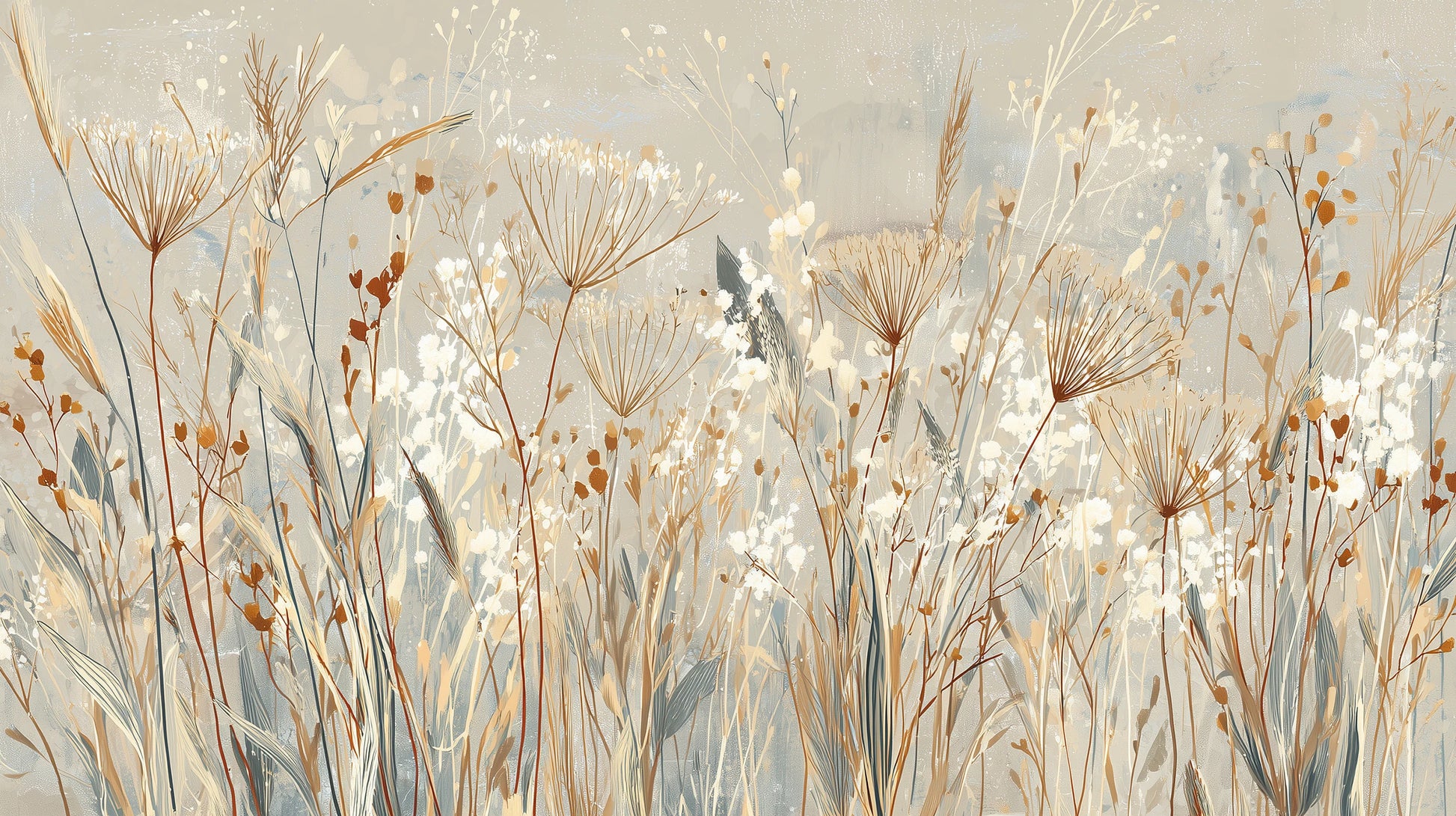 Prezentacja całego wzoru fototapety o nazwie SILK MEADOWS - tapeta z delikatnymi trawami w kremowej tonacji