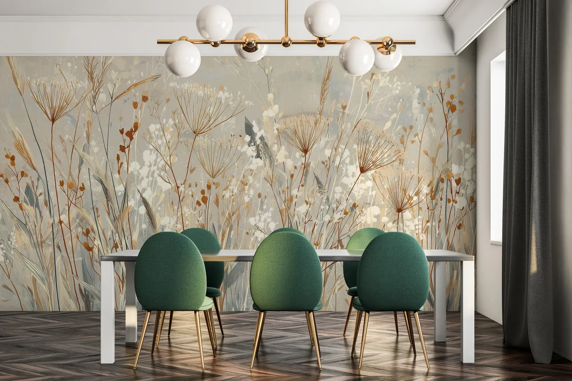 Fototapeta SILK MEADOWS - tapeta z delikatnymi trawami w kremowej tonacji pokazana w aranżacji jadalni.