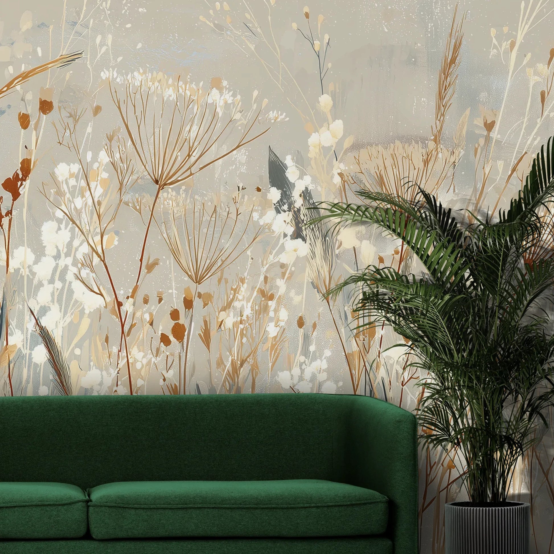 Fototapeta SILK MEADOWS - tapeta z delikatnymi trawami w kremowej tonacji pokazana w aranżacji wnętrza z akcentem na ścianie.